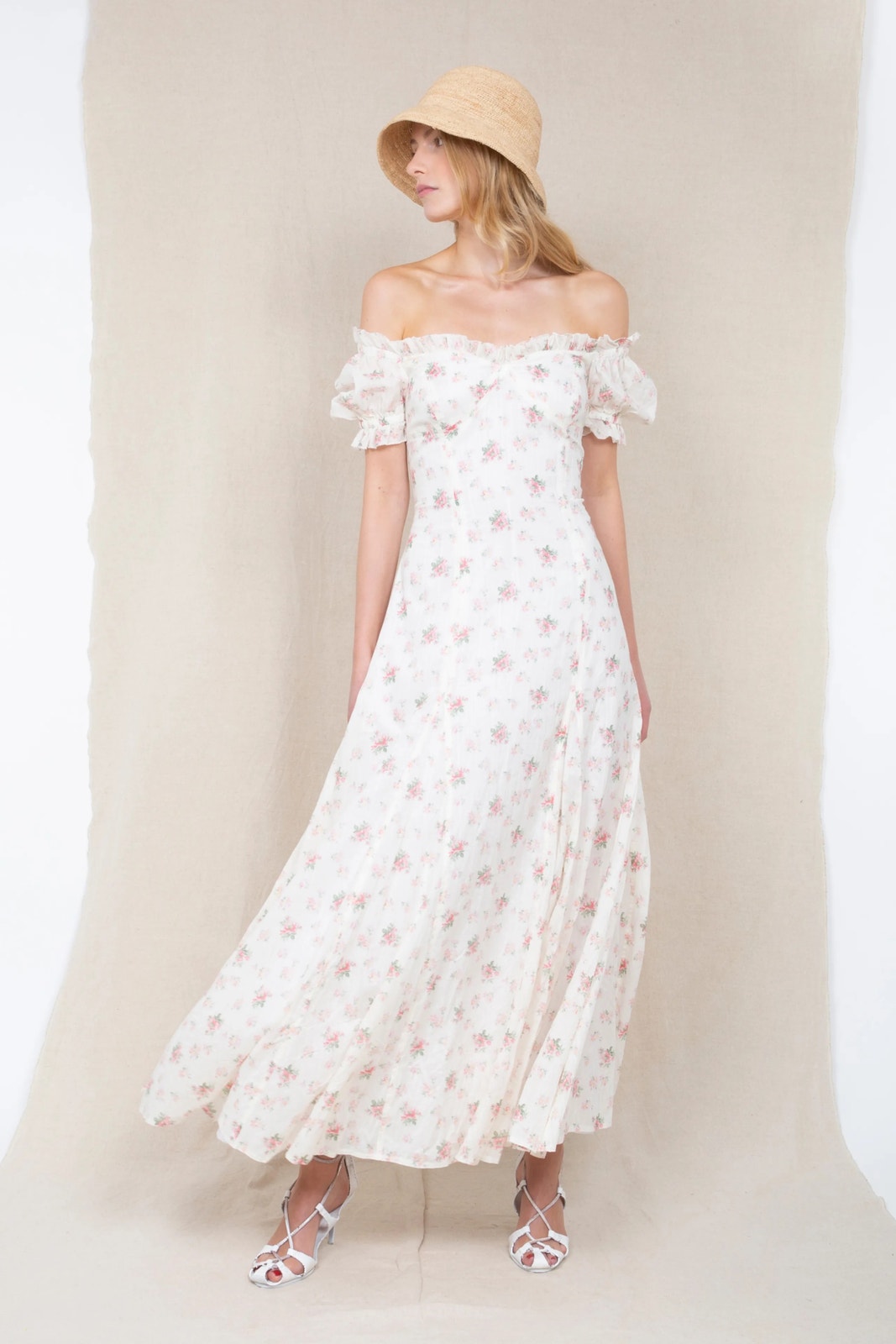 Polo Ralph Lauren Floral Puff Sleeve Maxi Dress - Cream & Pink Floral - Size 10